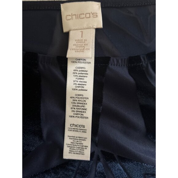 Chicos Navy Top Chiffon Velvet Overlay 3/4 Sleeve Top Size 1 (Small) - Picture 4 of 8